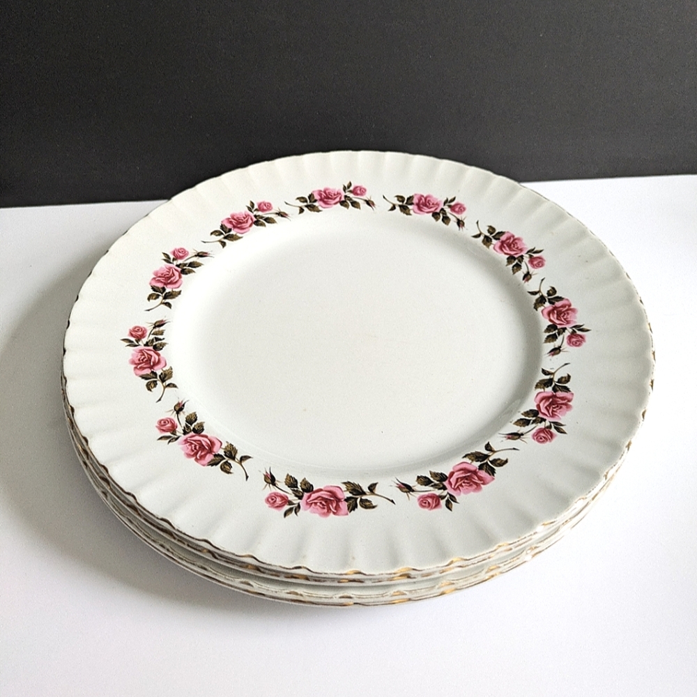 4 Ridgway Romance White Mist Dinner Plates Pink Roses Vintage Cottagecore Flaws